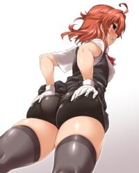 ahoge arashi_(kantai_collection) ass bike_shorts black_legwear black_shorts black_skirt black_vest brown_eyes clothes_lift dress_shirt female from_below gloves hands_on_own_ass highres kantai_collection medium_hair messy_hair miniskirt panties panties_under_bike_shorts pantylines pleated_skirt red_hair shirt short_sleeves shorts skirt skirt_lift solo thighhighs underwear vest white_gloves white_shirt yoshi_tama