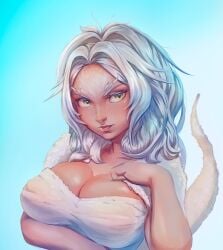 alberto_moldes arm_under_breasts big_breasts cleavage crossbreed_priscilla dark_souls dragon_girl female female_only fromsoftware furry_tail green_eyes horns messy_hair painting_(artwork) solo tail upper_body white_fur white_hair