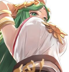 armpit big_breasts close-up from_below green_eyes green_hair horny kid_icarus nintendo palutena super_smash_bros. tomas_(kaosu22) tomasupso2 white_dress