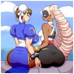 2girls absurdres arms_(game) ass big_ass big_breasts breasts chun-li clothing female female_only highres large_breasts pantyhose simmsy street_fighter thick_thighs twintelle wide_hips