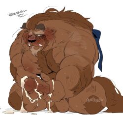 anthro balls beast_(disney) beauty_and_the_beast big_pecs bodily_fluids brown_body brown_fur cum disney fur genital_fluids genitals hi_res horn hyaku_(artist) male male_only masturbation monster muscular muscular_anthro muscular_male nipples nude pecs penile penile_masturbation penis simple_background solo white_background