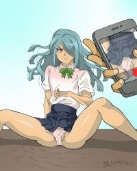 blue_hair blumper3 brown_eyes crossdressing femboy gay ichirouta_kazemaru inazuma_eleven long_hair male_only phone school_uniform yaoi