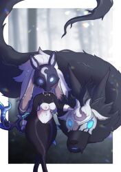 1girls bowtie breasts female kindred lamb_(league_of_legends) latex_suit league_of_legends mask nipples peachkuns pussy reverse_bunnysuit riot_games thighs white_fur wide_hips wolf_(league_of_legends)