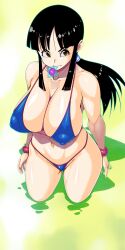 1girls big_areola big_breasts bikini black_hair breasts brown_eyes busty chichi condom condom_in_mouth curvaceous curvy curvy_body curvy_female curvy_figure dragon_ball dragon_ball_(classic) female female_focus female_only fit_female huge_breasts kinokoallstars large_breasts light-skinned_female light_skin nipples nipples_visible_through_clothing plump shounen_jump slim_waist smile solo solo_female teenage_girl teenager thick_thighs thighs voluptuous