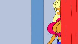 accurate_art_style animated belly_button big_breasts blonde_hair bouncing_breasts breast_jiggle breasts earrings female female_only gif huge_breasts iamsum jiggling_breasts knotted_shirt large_breasts lipstick long_hair looking_at_viewer massive_breasts navel the_simpsons titania_(the_simpsons) top_heavy yellow_body yellow_skin