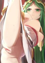 big_breasts blush breasts breasts_out green_eyes green_hair holding_leg imminent_sex kid_icarus nintendo nipples open_legs palutena partially_clothed pussy spread_legs super_smash_bros. tomas_(kaosu22) tomasupso2