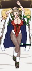 1girls alternate_costume antlers bed bedroom_eyes blush boots breasts brown_eyes brown_hair cape christmas christmas_outfit cleavage collarbone dakimakura_design eyeshadow female female_only fire_emblem fire_emblem:_three_houses fire_emblem_heroes fishnet_legwear fishnets high_heels hourglass_figure huge_breasts lipstick looking_at_viewer loutaniart makeup manuela_casagranda manuela_casagranda_(winter) nintendo official_alternate_costume on_back on_bed orange_eyeshadow orange_lips orange_lipstick pantyhose short_hair smile smug solo wide_hips