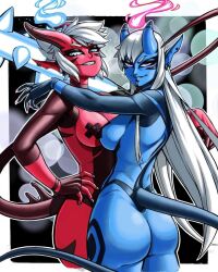 2demons 2girls abstract_background ass blue_oni blue_skin breasts cropped_legs demon demon_girl ear_piercing female female_only horns jgeorgedrawz long_hair looking_at_viewer nipple_tape nude oni oni_horns original_character pink_eyes red_oni red_skin short_hair symmetrical_docking tail white_border white_hair