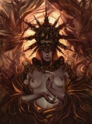 2016 anato_finnstark androgynous annato_finnstark bare_chest dark_souls dark_sun_gwyndolin deity detailed eyes_covered femboy femboy_with_breasts fromsoftware gold_(metal) halo helmet long_fingernails male male_only male_with_breasts mask masked masked_male painting_(artwork) realistic sharp_fingernails small_breasts solo upper_body veil veins veiny