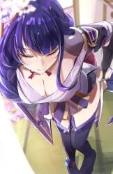 big_breasts down_blouse flower_in_hair fully_clothed genshin_impact long_hair purple_hair raiden_shogun skirt stockings tomas_(kaosu22) tomasupso2