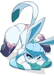 1girls 2017 all_fours almost_naked anthro arm_support ass_up blue_body blue_eyes blue_fur blush bunny_ears clothing diives eeveelution eyelashes female fur glaceon leggings legwear looking_at_viewer nintendo one_eye_closed panties pokemon pokemon_(species) resting_on_arms ribbon simple_background smile solo stockings tail thick_thighs thighhighs thighs underwear white_background wink