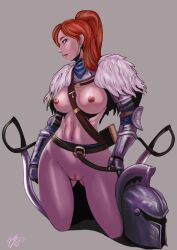 armor ass_visible_through_thighs bearer_of_the_curse belt bottomless cavalry dark_souls dark_souls_2 female female_knight female_only fromsoftware functionally_nude gauntlets hand_on_hip helmet_removed knight long_hair medium_breasts orange_hair ponytail pubic_hair red_hair red_hair solo uncensored wide_hips