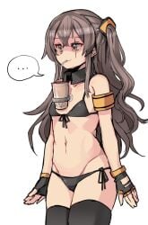 ... armband arms_at_sides bangs bikini black_bikini black_gloves black_legwear breasts brown_eyes brown_hair bubble_tea bubble_tea_challenge cheating_(disambiguation) cowboy_shot detached_collar drinking female front-tie_bikini front-tie_top girls'_frontline gloves groin hair_between_eyes highres justeeeeth long_hair navel one_side_up scar scar_across_eye scar_on_face shaded_face side-tie_bikini sidelocks skindentation small_breasts solo spoken_ellipsis stomach suction_cups swimsuit thighhighs ump45_(girls'_frontline)