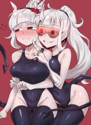 2demons 2girls absurdres bangs bare_shoulders black_swimsuit blush breasts collarbone demon_girl demon_horns demon_tail examtaker fallen_angel flirting glasses goggles hair_ornament hairband helltaker highres horns long_hair looking_at_another looking_to_the_side loremaster_(helltaker) lucifer_(helltaker) mole mole_under_eye moto_toshi multiple_girls ponytail red-tinted_eyewear red-tinted_glasses red_background red_eyes short_hair smile sunglasses sweat sweatdrop swimsuit tail thighhighs thighs tinted_eyewear visor white_eyebrows white_eyelashes white_hair yuri