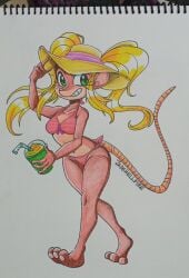 activision anthro barefoot beverage bikini blonde_hair clothing crash_(series) eyelashes feet female green_eyes hair hi_res jadehellfire pasadena_o'possum paws solo sun_hat swimwear traditional_media_(artwork) video_games