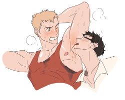 armpit_licking armpits arms_up bara black_hair blue_eyes blush glasses hairy_armpits light_skin male male/male male_only nioseptem nipple_slip sweat yaoi