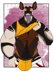 1boy absurd_res anthro bulge clothed clothing clothing_lift giraffid hi_res jockstrap male male_only mammal muscular nipples okapi pulling_pants_down silas_(v1nw0lf) solo tongue tongue_out underwear v1nw0lf