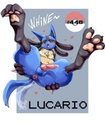 ahe_gao anus ass balls black_body black_fur blue_body blue_fur bodily_fluids canid canine canis castagno erection feet foot_focus full-length_portrait fur furry furry_only genital_fluids genitals hand_on_butt heart hi_res knot legs_up looking_pleasured lucario lying male male_only nintendo nipples on_back pawpads paws penis pink_anus pink_nipples pokemon pokemon_(species) pokemon_only portrait precum presenting presenting_anus solo spread_legs spreading tail tail_motion tailwag video_games yellow_body yellow_fur