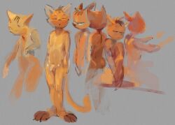 anthro biped brown_body brown_fur brown_stripes brown_toes cheek_tuft closed_eyes facial_tuft flaccid front_view fur genitals grey_background male orange_body orange_ears orange_fur orange_penis orange_tail oselotti oselotti_(character) penis rear_view simple_background sketch_page solo standing striped_body striped_fur stripes tuft