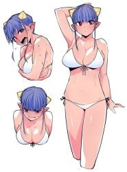 1girls blue_hair breasts cleavage embarrassed female_only holding_breasts large_breasts looking_at_viewer midriff miitoban pointy_ears red_eyes sharp_teeth short_hair swimsuit swimwear white_swimsuit