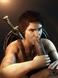 3d angry_face assassin's_creed_(series) assassin's_creed_odyssey athletic_female blender blowjob brown_eyes brown_hair brunette cum dark-skinned_male dark_skin greek_female interracial kassandra keister3d light-skinned_female looking_up muscles muscular_female oral_creampie ubisoft