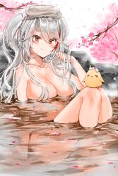 1girls absurdres azur_lane bangs bath bathing bird blush branch breasts brown_eyes cherry_blossoms falling_petals female highres knees_together knees_up large_breasts long_hair looking_at_viewer manjuu_(azur_lane) mole mole_on_breast multicolored_hair nude onsen petals prinz_eugen_(azur_lane) rock silver_hair sitting smile steam streaked_hair swept_bangs towel towel_on_head two_side_up two_tone_hair water wet yukineko1018