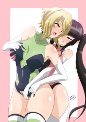 2girls absurdres adamis0108 akatsuki_kirika bangs black_hair blonde_hair blunt_bangs blush breasts couple deep_skin eye_contact fingering fingering_through_clothes grabbing green_eyes green_leotard hair_ornament highres hug hug_from_behind leotard long_hair looking_at_another medium_breasts multiple_girls pink_eyes pink_leotard pussy_juice reach-around senki_zesshou_symphogear shiny shiny_hair shiny_skin short_hair sweat through_clothes tsukuyomi_shirabe twintails x_hair_ornament yuri