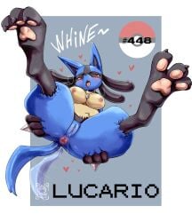 ahe_gao anus ass black_body black_fur blue_body blue_fur bodily_fluids breasts canid canine canis castagno feet female female_lucario foot_focus full-length_portrait fur furry furry_only genital_fluids genitals hand_on_butt heart hi_res legs_up looking_pleasured lucario lying nintendo nipples on_back pawpads paws pink_anus pink_nipples pokemon pokemon_(species) pokemon_only portrait presenting presenting_hindquarters presenting_pussy pussy pussy_juice solo spread_legs spreading tail tail_motion tailwag video_games yellow_body yellow_fur