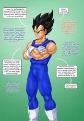 black_hair bulge character_off_screen dragon_ball dragon_ball_z flaccid green_background male_focus male_only saturnxart simple_background solo solo_male text_box vegeta white_boots white_gloves