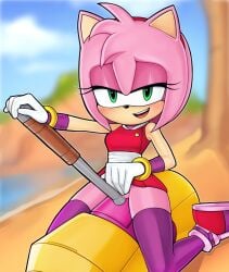 amy_rose amy_rose_(boom) anthro anthro_only blush bottomless crotch_rub green_eyes hammer humping loodncrood looking_at_viewer masturbation no_panties pink_fur rubbing_pussy sonic_(series) sonic_boom thighhighs