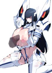 1girls black_hair blue_eyes breasts_bigger_than_head censored censored_penis enormous_breasts eyeliner hime_cut huge_breasts kill_la_kill kiryuuin_satsuki massive_breasts paizuri perpendicular_paizuri pixelated_penis pobotto sweat sweatdrop tagme torn_clothes torn_clothing