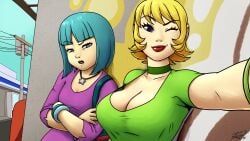 2girls blonde_hair blue_hair blue_lipstick bracelet breast_envy choker gum_(jsr) huge_breasts jet_set_radio purple_eyes red_lipstick soubriquetrouge spray_can tagme wink