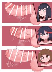 3futas balls black_hair blue_eyes blush brown_eyes brown_hair censor_bar censored erection futa_only futanari huge_cock human kill_la_kill kiryuuin_satsuki light-skinned_futanari light_skin long_hair mankanshoku_mako matoi_ryuuko penis penis_size_chart penis_size_difference short_hair smile testicles two_tone_hair uncircumcised veiny_penis zkky