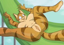 anthro anus big_breasts breasts brown_stripes celine_(vinfox) domestic_cat felid feline felis female fur genitals green_eyes hi_res mammal nipples nude open_mouth pink_nose pussy sliding smile solo stripes tan_body tan_fur vinfox