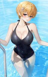 1girls absurd_res bangs bare_shoulders black_swimsuit blonde_hair blue_eyes blush breasts cleavage eyebrows_visible_through_hair girls'_frontline hair_between_eyes hair_ornament head_tilt highres large_breasts looking_at_viewer mole mole_on_breast one-piece_swimsuit open_mouth pool short_blonde_hair short_hair snowflake_hair_ornament solo swimming swimsuit vsk-94_(girls_frontline) water wet wet_hair