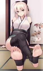 1girls against_wall arm_guards barefoot blush crossed_legs fate/grand_order fate_(series) feet foot_fetish grey_eyes highres japanese_clothes koha-ace naturalton obi okita_souji_(fate) okita_souji_(koha/ace) sitting smile soles stirrup_legwear stirrups tatami thighhighs toeless_legwear toes white_hair