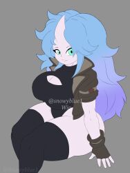 1girls ass big_breasts blue_hair clari(snowyblue) digital_media_(artwork) facing_viewer female_only flat_colors green_eyes horned_humanoid horny_female jacket looking_at_viewer oc original_character snowyblue thick_thighs thighhighs watermark wip