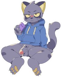 1boy anthro balls bottomless clothed clothing domestic_cat felid feline felis genitals hajime_tanaka_(odd_taxi) hoodie humanoid_genitalia humanoid_penis male male_only mammal odd_taxi penis rokuyon simple_background solo topwear white_background