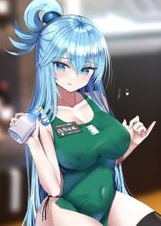 1girls absurd_res adamant369 apron aqua_(konosuba) blue_eyes blue_hair cafe female female_only hanasaka_houcha hi_res kono_subarashii_sekai_ni_shukufuku_wo! licking_lips looking_at_viewer naked_apron panties solo thick_thighs thighhighs thighs wide_hips