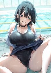 ass big_ass big_breasts big_butt black_hair blue_eyes breasts clothed clothes clothing danimaru female huge_ass huge_breasts huge_butt human large_ass large_breasts large_butt original_character shiny shiny_skin shiny_thighs short_hair smile smiling smiling_at_viewer smirk smirking_at_viewer sweat swimming_pool swimsuit thick_ass thick_thighs thighs wet wet_clothing wet_skin