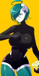 1girls 2021 ass ass_visible_through_thighs big_breasts blue_hair breasts clothed cowlick female female_focus female_only front_view green_eyes green_hair gynoid hair_over_one_eye head_tilt headgear headwear large_breasts legwear looking_to_the_side navel_line original original_character pale-skinned_female pale_skin sci-fi short_hair skin_tight skintight sole_female solo solo_female solo_focus specimen69_(ub1mo) tagme thick_thighs thighhighs thighs turquoise_eyes turquoise_hair ub1mo white_skin yellow_background