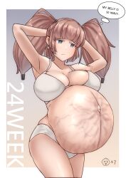 arms_up atlanta_(kantai_collection) big_breasts bra brown_hair english_text female female_only garylin grey_eyes hands_behind_head kantai_collection panties pregnant ready_to_pop solo stretch_marks thought_bubble twintails veiny_belly white_bra white_panties