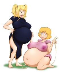 2girls belly belly_button big_belly big_breasts blonde_hair breasts clover_(totally_spies) death_note female misa_amane mr-jolted navel nipples_visible_through_clothing outie outie_navel pregnant sidkid44 tape_measure totally_spies