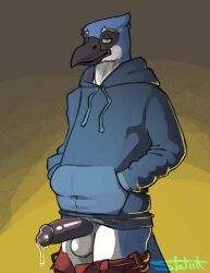 anthro avian beak big_penis biped bird black_beak blue_clothing blue_hoodie blue_topwear bodily_fluids bottomwear bottomwear_down clothed clothing dripping erection genital_fluids genitals glistening glistening_genitalia hands_in_both_pockets hi_res hoodie humanoid_genitalia humanoid_penis looking_relieved male male_only mostly_clothed mouth_partially_open pants pants_down partially_clothed penis pinup pose precum precum_drip presenting relieved retracted_foreskin simple_background smile solo solo_focus standing statiik_(artist) topwear unzipped unzipped_pants