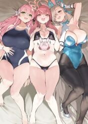 3girls ahoge animal_ears armpits aru_(blue_archive) asuna_(blue_archive) asuna_(bunny)_(blue_archive) bangs bare_arms bare_legs bare_shoulders barefoot bikini black_bikini black_swimsuit blue_archive blue_swimsuit blush bow bowtie breasts brown_eyes bunny cleaning_&_clearing_(blue_archive) cleavage collarbone competition_swimsuit covered_navel earrings eyebrows_visible_through_hair gehenna_academy_student girl_sandwich gloves green_eyes groin halo hanako_(blue_archive) hands_on_own_chest high_heels horns huge_breasts iku_(ikuchan_kaoru) jewelry kirby large_breasts long_hair looking_at_viewer lying make-up_work_club_(blue_archive) millennium_science_school_student mole mole_on_breast multiple_girls navel no_shoes on_back one-piece_swimsuit open_mouth paid_reward_available pantyhose pink_hair playboy_bunny problem_solver_68_(blue_archive) ribbon sandwiched skindentation smile string_bikini swimsuit thighs traditional_bowtie trinity_general_school_student very_long_hair white_gloves