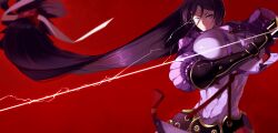 abs bodysuit bracers breasts eyelashes fate/grand_order fate_(series) flowing_hair front_view hair_between_eyes huge_breasts large_breasts lighting long_hair looking_at_viewer minamoto_no_raikou_(fate/grand_order) muscular purple_eyes purple_hair rope slim_waist sword sword_swing tagme tassel ub1mo upper_body very_long_hair white_pupils widescreen