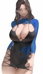 1girls 2022 aliosarvin black_dress black_hair blue_eyes blue_shirt breasts cleavage covered_navel cowboy_shot dress female female_focus female_only glasses highres inoue_iris_(sdustz) large_breasts long_hair long_sleeves looking_at_viewer original parted_lips shirt short_dress simple_background smile solo solo_female thick_thighs thigh_gap thighs white_background wide_hips