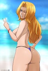 1girls ass beach bikini bikini_bottom bleach blonde_hair female female_only long_hair looking_at_viewer looking_back matsumoto_rangiku mistowing orange_hair peace_sign solo solo_female thong thong_bikini wink