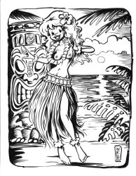 4:3_aspect_ratio beach black_and_white breasts cherry_poptart cherry_poptart_(comic) clouds deviantart fern_plant ferns flower_in_hair flower_necklace grass_skirt hawaii hula hula_dancer hula_girl larry_welz lei long_hair long_hair_female no_color ocean palm_tree public_topless small_breasts straight_hair sun sunset tiki topless topless_female