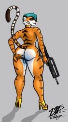 absurd_res anthro ass assault_rifle backsack balls big_butt blue_hair eyewear famas felid genitals girly glasses green_eyes gun hair hi_res high_heels lips makeup male mammal pantherine presenting presenting_hindquarters raised_tail ranged_weapon rear_view rifle solo striped_body stripes thick_bottom_lip thick_thighs tiger victhetiger victor_alice_reed weapon